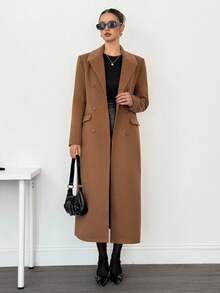 SHEIN Tall Women's Solid Color Lapel NeckLong Sleeve Double-Breasted Casual Long Jacket Long Brown Coat In Fall/Winter