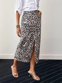 EMERY ROSE Women Leopard Print Slit Skirt, Casual Vacation - Multicolor - View 3