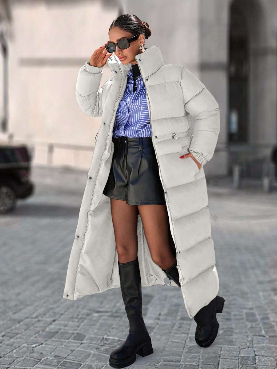 EURMUSE Zip Up Drawstring Waist Long Padded Coat - Cream - View 1