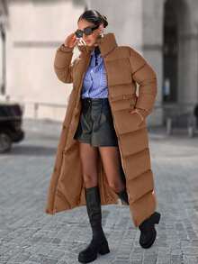 EURMUSE Zip Up Drawstring Waist Long Padded Coat - Camel - View 1