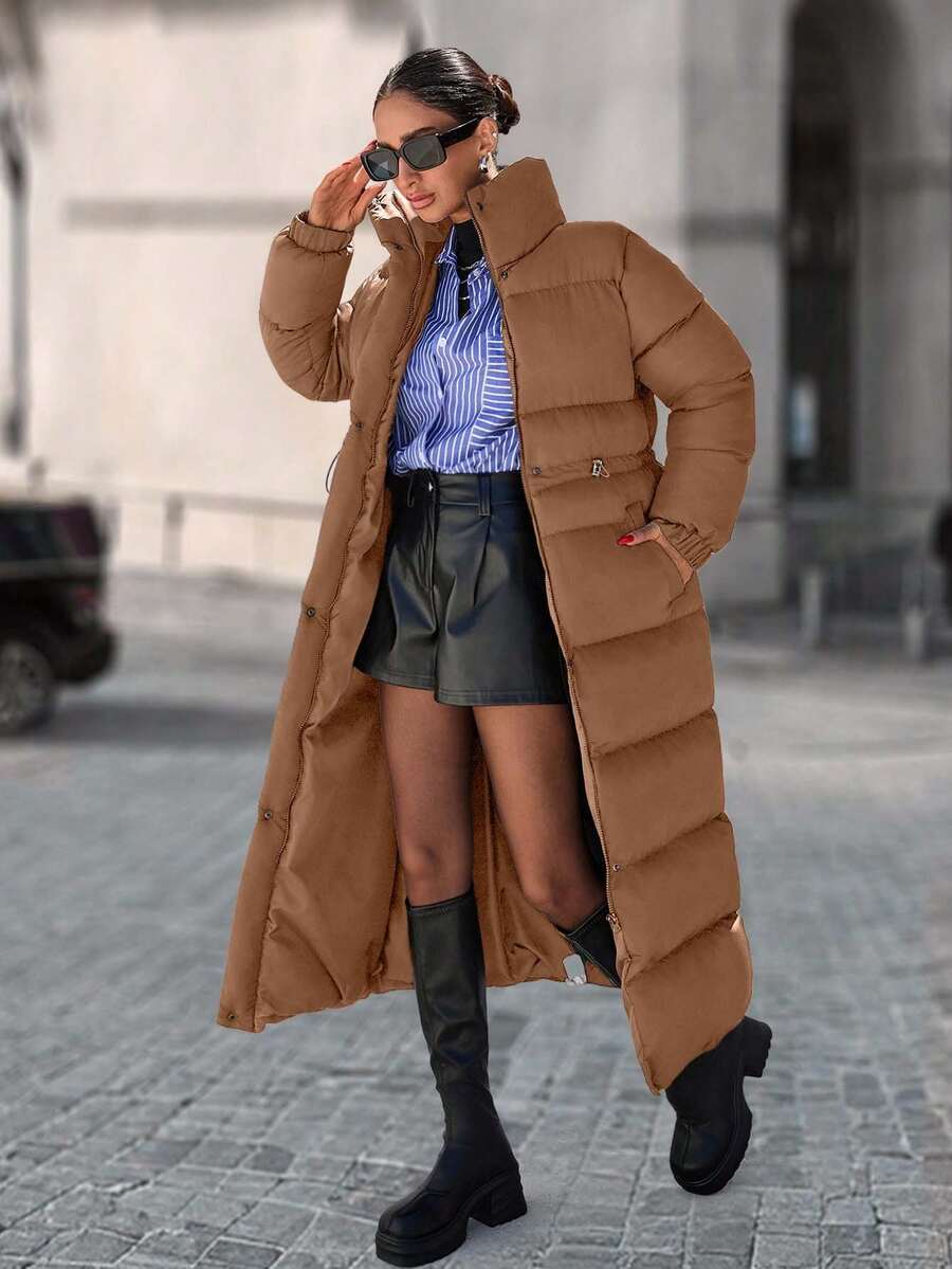 EURMUSE Zip Up Drawstring Waist Long Padded Coat - Camel - View 1