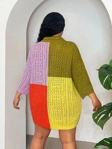 Slaydiva Plus Size Colorful Striped Cardigan With Gradient Hollow-Out Design, Dopamine Inspired Short Sleeve Unisex Top, Summer Crochet Dress Two Piece Set Women Knit Dress Multicolor Crochet Dress 2 Piece Dress