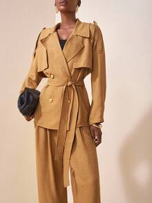 Zivah 2025春秋新款优雅通勤休闲派对宽松纯色卡其色长袖翻领系带金属扣装饰薄外套和阔腿长裤有口袋女装2件套