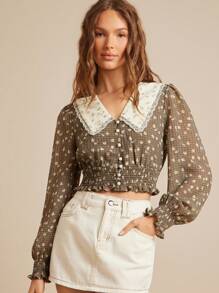 WESTFADE Mix Floral Print Chiffon Collared V Neck Button Front Smocked Waist Long Puff Sleeve Top Fall Going Back To School - Multicolor - View 3