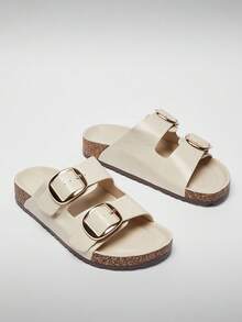 Solezae Giày sandal đế bần AZ cổ điển hai quai khóa vàng dày dặn dành cho nữ, chất liệu PU hoàn thiện dầu cao cấp - Kiểu dáng cao cấp, hỗ trợ vòm chân và phong cách từ du thuyền đến đường phố - trắng - Xem 3