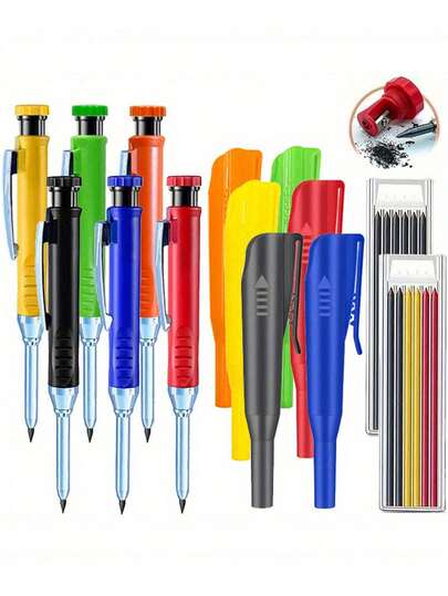 4Pcs/Set 2.8mm Solid Carpenter Pencil With Pencil Cap, Professional Deep Hole Mechanical Pencil Marker For Woodworking & Construction, Includes Built-In Sharpener, 2 Boxes Of Refill Leads, Durable Writing Tool For Carpenters, Architects, Contractors, DIY Enthusiasts, Ideal For Marking On Rough Surfaces, Heavy-Duty Design For Precision And Long-Lasting Use On-Site Or In Workshop