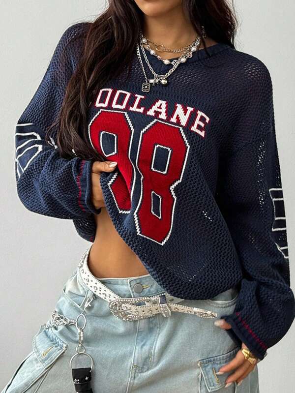 Coolane Women's  Fall/Winter  Streetwear  Couple Same Style  Preppy  Back To School  Daily Wear  Cable-Knit  Number Pattern  Comfortable  Dark Blue Long Sleeve Chunky Sweater
