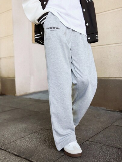 SHEIN 1pc Tween Girl Sweatpants Casual Preppy Style And Basic Light Gray Exquisite Printing Of Small Letters Loose Wide Leg Letter Print Pants Regular Thickness Casual Daily Street Spring Autumn And Winter Can Be Paired With Any Back To School Soft And Comfortable