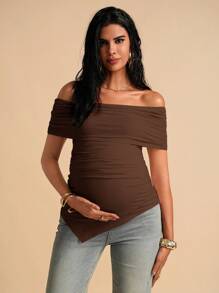 MaterniChic Maternity Solid Color Off-Shoulder Ruched Fitted Fashion T-Shirt