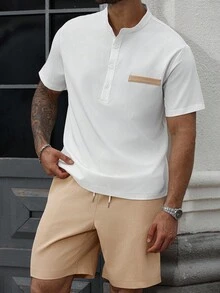 Manfinity Homme Men's Plus Size Summer Solid Color Single Breasted Short Sleeve Shirt And Drawstring Waist Shorts Set Men's Two Pieces Summer Men's Two Pieces Casual Shorts Set Men's Casual Shorts Set Men's Resortwear - Multicolor - View 3