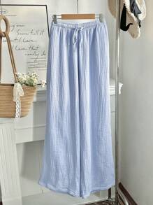 Comfortcana Quần ống rộng ống rộng màu trơn buộc eo cỡ lớn cho nữ Quần cotton thường ngày cho nữ Quần dài mặc nhà, Quần thu/đông, Quần áo mùa thu cho nữ Quần cotton 100% Quần cotton gạc cho nữ Quần cotton mùa hè - Màu xanh lam - Xem 8