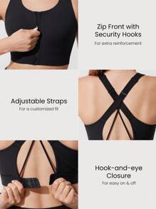 GLOWMODE Hot Take 吸汗高压缩前拉链模压泡沫罩杯交叉多带后背 U 领运动文胸中等强度跑步慢跑训练健身房锻炼 - 黑色 - 查看 5