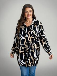 Comfylo 秋季休闲日常穿着，大码女式几何印花长袖衬衫，休闲宽松舒适长款，适合居家和度假，秋季，感恩节假期 - 彩色 - 查看 5