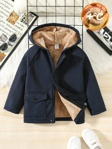 SHEIN 男童插肩袖口袋拉链前襟保暖连帽休闲外套 幼儿冬季外套 男童冬季外套 男童连帽冬季外套 幼儿保暖外套 男童秋季冬季外套 - 藏蓝色 - 查看 1