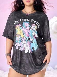 My Little Pony X SHEIN 加大码卡通图案黑色圆领短袖T恤女款图案T恤破洞T恤图案T恤 - 黑色 - 查看 5