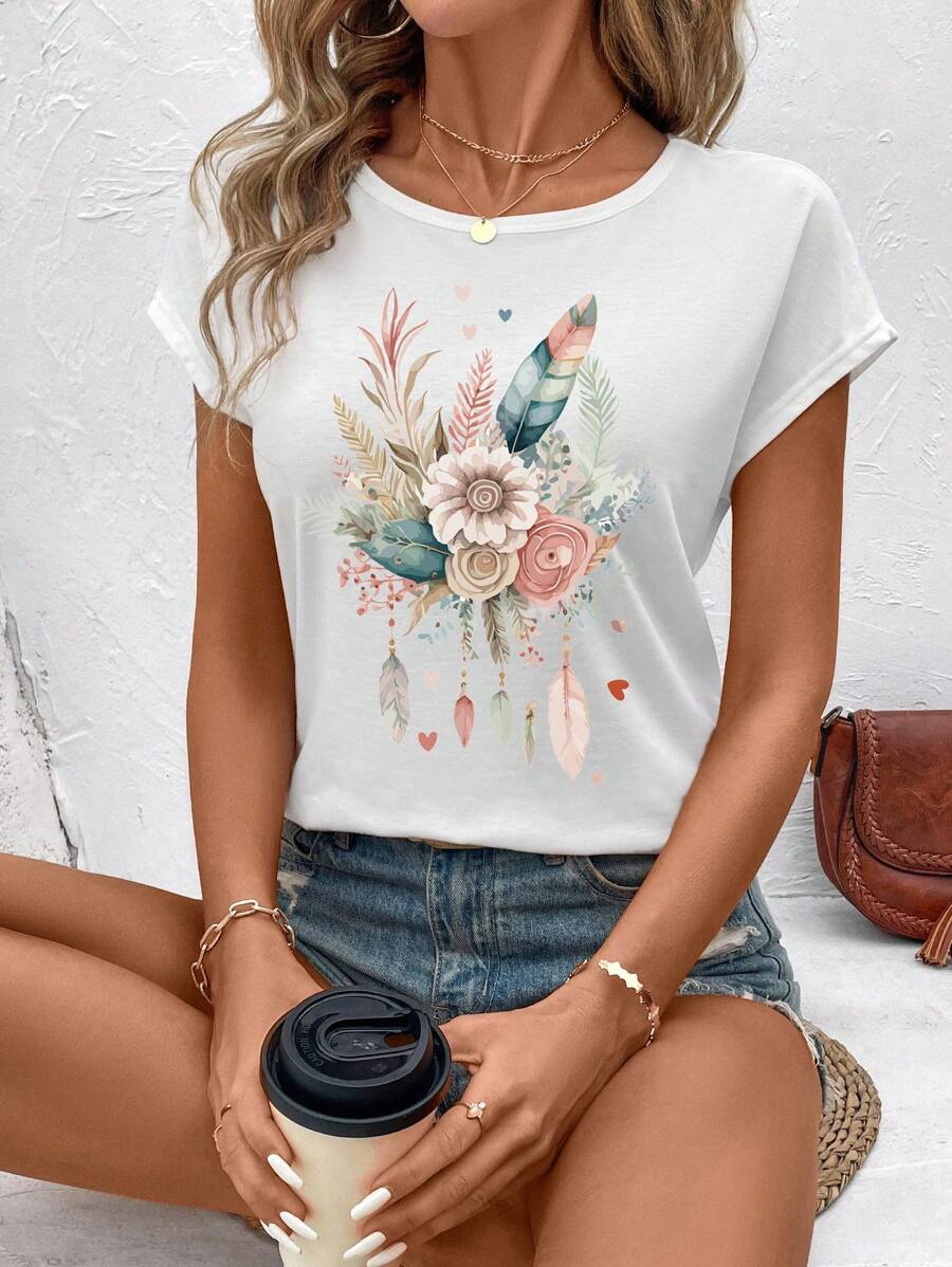 SHEIN LUNE Casual Floral Print Round Neck Raglan Short Sleeve Loose Fit Women T-Shirt Pullover, Suitable For Summer - White - View 1