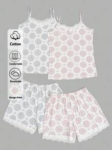 EURMUSE Damen 2 Pack Kontrast-Farbige Spitze mit Retro Muster Details Tank Top und Shorts Homewear Pyjama Sets - Verschiedenfarbig - Übersicht 1