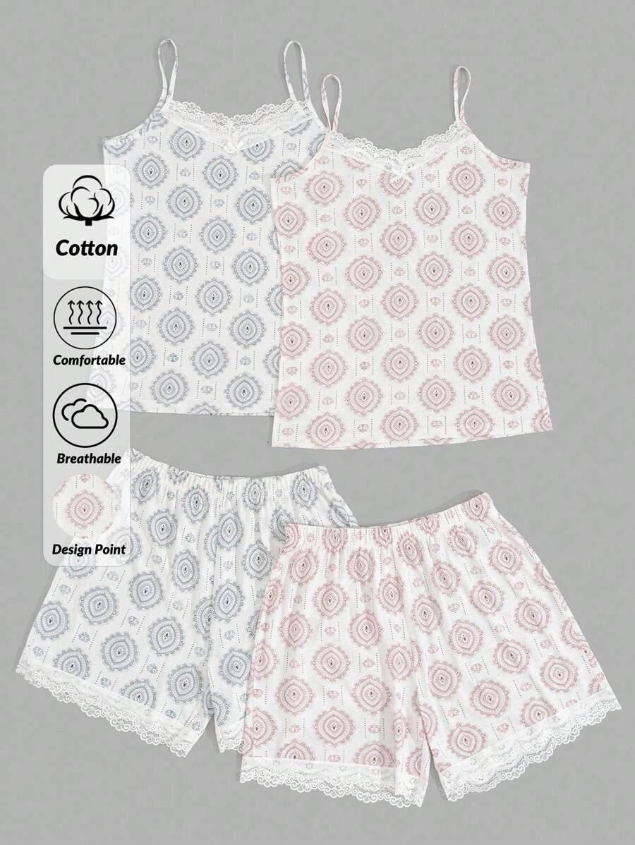 EURMUSE Damen 2 Pack Kontrast-Farbige Spitze mit Retro Muster Details Tank Top und Shorts Homewear Pyjama Sets - Verschiedenfarbig - Übersicht 1