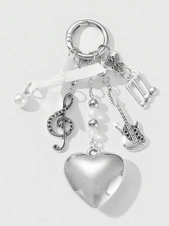 Kawaii 1pc Y2K Minimalist Vintage High-Quality Silver-Color Musical Instrument Mini Guitar, CCB Heart & Bowknot Keychain & Bag Charm, Suitable For Women, Daily Wear Or Gift