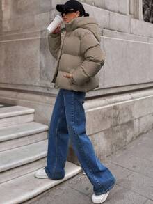 EURMUSE 女士冬季连帽口袋夹克，格子编织时尚纯色高街外套，温暖厚实 - 米色 - 查看 3