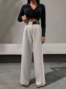 EURMUSE Plus Size Women Elegant Style, Half Faux Leather Belt Detailed Straight Fit Pant - White - View 6