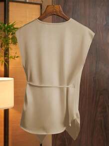 Franclia Women's Fashionable Solid Color Deep V-Neck Tie Wrap Shirt - Khaki - View 2