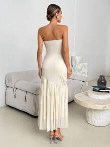 Lavishia Váy dự tiệc và ngày lễ thanh lịch màu vàng kem, thiết kế thêu hạt cườm và lưới chắp vá - Màu vàng - Xem 2