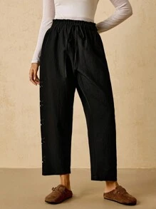 Travachic Plus Size Women's Black Casual Pants, Floral Cutout Straight Leg Trousers Baggy Pants Wide Leg Pants Woman Beach Resort Wear Women Ibiza Boho Pants - Black - View 3