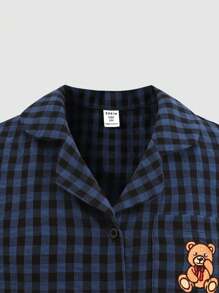 SHEIN 青少年女孩宽松休闲简约舒适领口小熊刺绣家居服睡衣套装 - 藏蓝色 - 查看 4