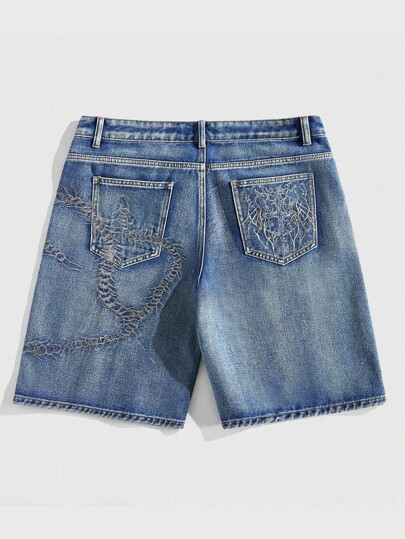 Street Life Men's Summer Casual Washed Denim Embroidered Shorts
