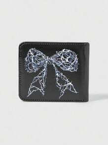 ROMWE Kawaii 1pc Gothic Thorn Vine & Bow Print Bifold Casual Short Wallet, Portable Zipper Coin Purse, Punk Style Pocket Purse, Unisex, Halloween - Black - View 1