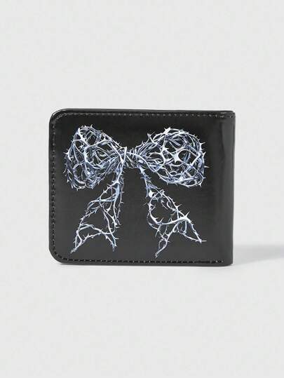 Kawaii 1pc Gothic Thorn Vine & Bow Print Bifold Casual Short Wallet, Portable Zipper Coin Purse, Punk Style Pocket Purse, Unisex, Halloween