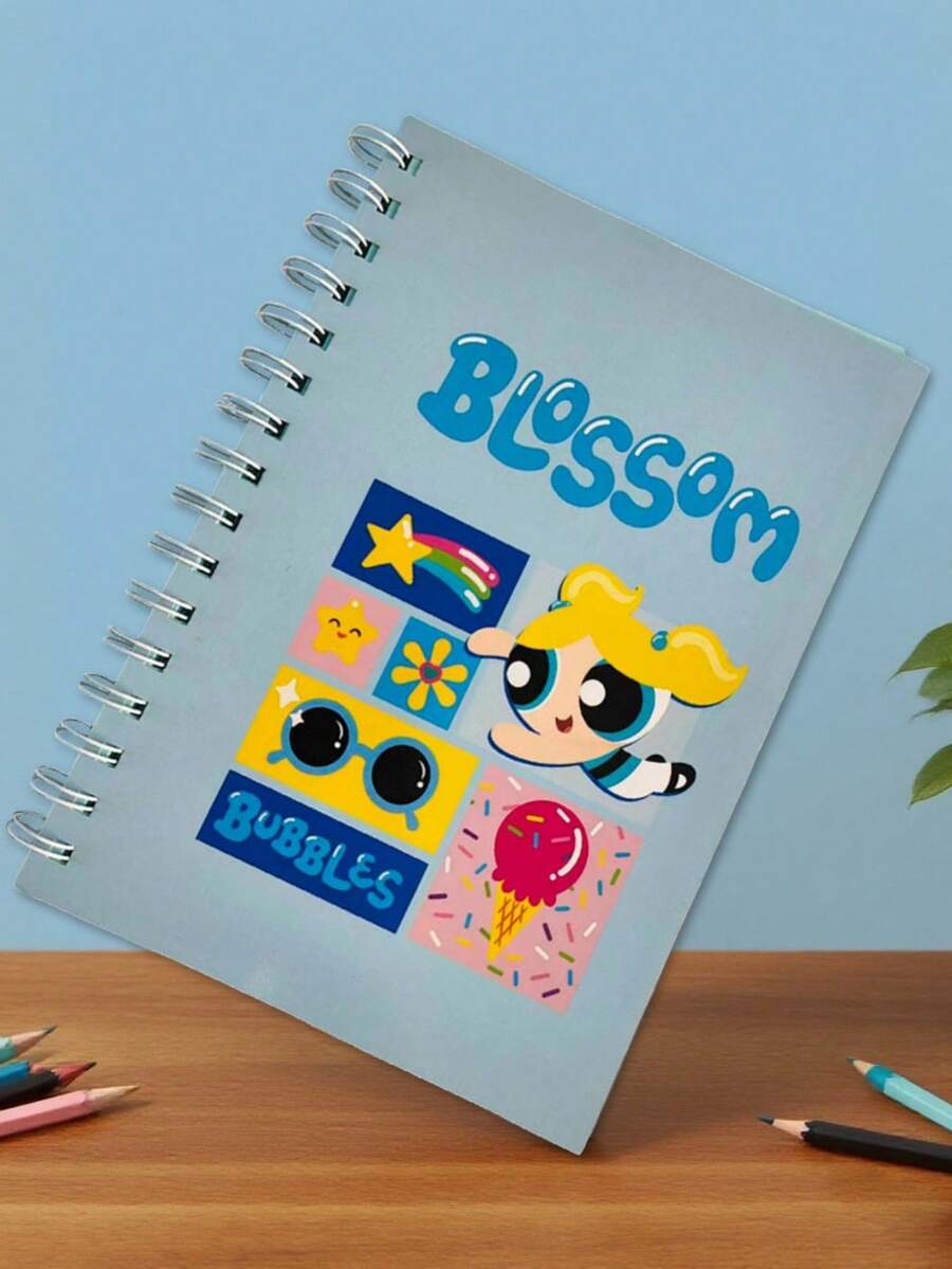 THE POWERPUFF GIRLS X SHEIN Bubbles Pattern Notebook - A5 Blank Notebook,Art Journal For Drawing, Anime Journal, Kawaii School Supplies - Multicolor - View 1