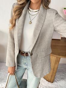 SHEIN LUNE 卡其色女士基础款纽扣西装外套，秋冬季女装，适合秋季、冬季等各种场合，包括外出上衣、乡村风格服饰等。 - 卡其色 - 查看 7