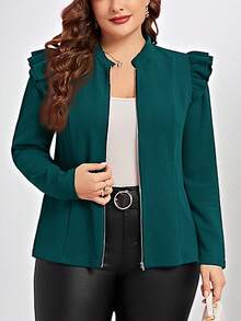 SHEIN Clasi Áo khoác thời trang tay dài màu trơn có khóa kéo phía trước cỡ lớn cho nữ vào mùa thu/đông - Màu xanh lá cây đậm - Xem 1