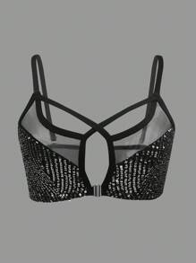 SHEIN 女士纯色亮片撞色网眼镂空前开合文胸 - 黑色 - 查看 7