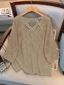 GlowEve CURVE Plus Size Women's Hollow Out 3/4 Sleeve Knitted Sweater Winter Fall Autumn - Khaki - View 2