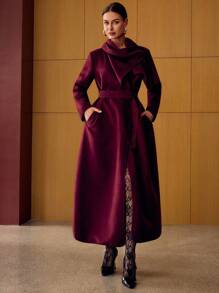MOTF PREMIUM BELTED RUFFLE TRIM OVERCOAT - Burgundy - View 6