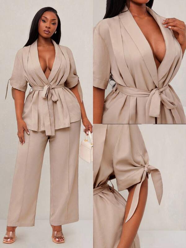 SHEIN SXY Plus Size Women's Spring&Fall Elegant Loose-Fitting Casual Blazer With A Free Belt And Matching Straight-Leg Pants With Elastic Waistband,Suitable For Office Plus Size 2 Piece Sets Beige Two Piece Set 2 Piece Sets Woman Classy Plus Size Pant Suit,Banquet,Feast,Dinner Party,Prom,Ball,Urban,Sexy Office Siren,Cruise Attire,Vintage,Festival,Concert,Carnival,Outing,Richly Layered,Holiday,Date Night,Gathering,Birthday,Bachelorette Party Outfit ,Cocktail,Formal Event,Modest,Chic,NightClub,Cute,Going,Fall Clothes For Women