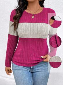 EMERY ROSE Plus Size Contrast Color Round Neck Ribbed Long Sleeve Casual T-Shirt Graphic Tees Women Tops For Spring Fall - Multicolor - View 1