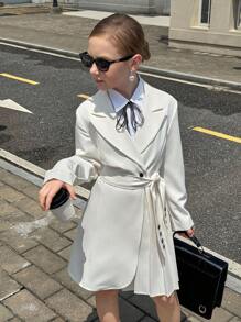 Tween Girls Daily Commute British Style Long Waist Cinched Pleated Tie Slim Fit Jacket, Suitable For Daily Commute Wear - White - View 1