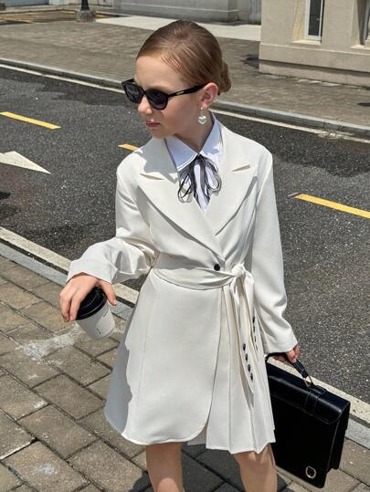 Tween Girls Daily Commute British Style Long Waist Cinched Pleated Tie Slim Fit Jacket, Suitable For Daily Commute Wear