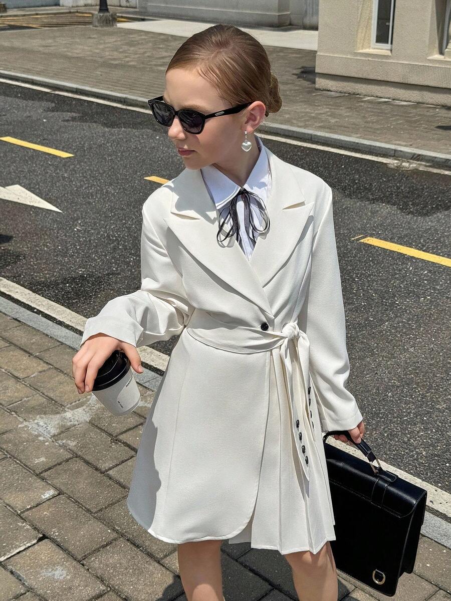 Tween Girls Daily Commute British Style Long Waist Cinched Pleated Tie Slim Fit Jacket, Suitable For Daily Commute Wear - White - View 1