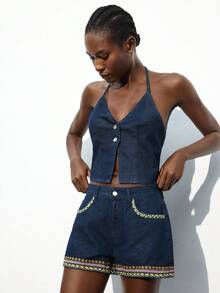 Maija Quần short denim nữ, quần short ôm vừa vặn, thêu họa tiết, màu xanh lam - Rửa trung bình - Xem 7