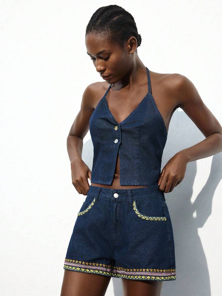 SHEIN Maija Women's Dark Blue Denim Shorts Low-Rise Loose Mini Shorts Exquisite Color Embroidery Casual Style  Western Shorts