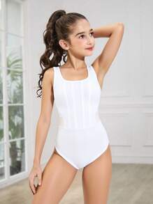 SHEIN 青少年女孩白色简约连体衣，网眼拼接，适合学校、专业训练、芭蕾、体操、舞蹈工作室、舞蹈紧身衣 - 白色 - 查看 4