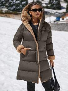 EURMUSE 双面泰迪熊连帽羽绒长款大衣 - 灰色 - 查看 4