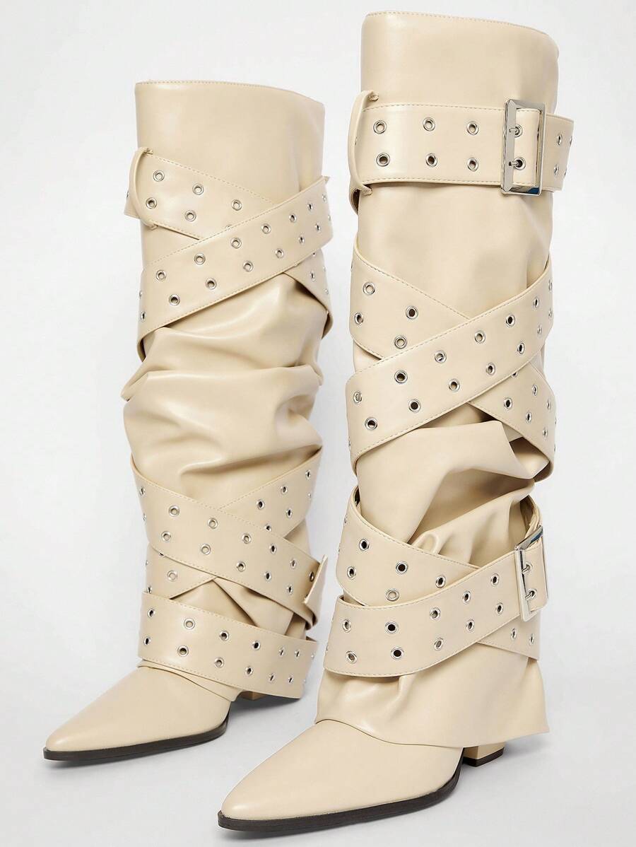 Solezae Giày bốt cao đến đầu gối thời trang gợi cảm dành cho nữ có khóa kim loại - Màu be - Xem 1