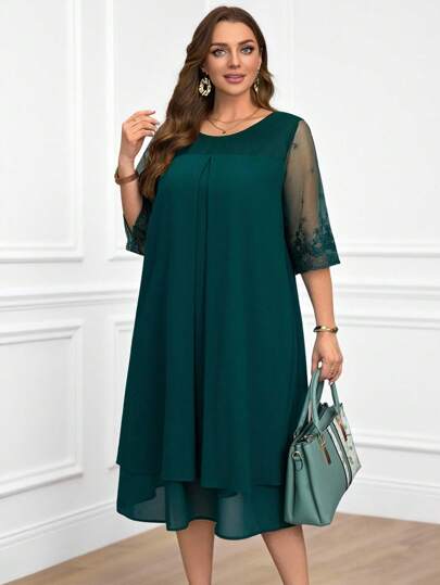 Miaspire Plus Size Lace Patchwork Round Neck Simple Casual Elegant Dress Summer Outfits For Women Modest Dresses For Women Wedding Guest Dress Women Lace Chiffon