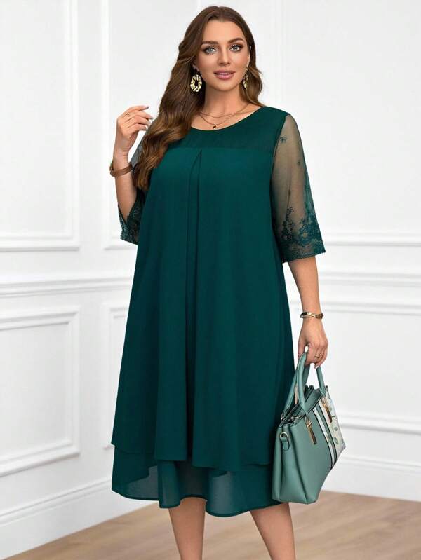 Miaspire Plus Size Lace Patchwork Round Neck Simple Casual Elegant Dress Summer Outfits For Women Modest Dresses For Women Wedding Guest Dress Women Lace Chiffon
